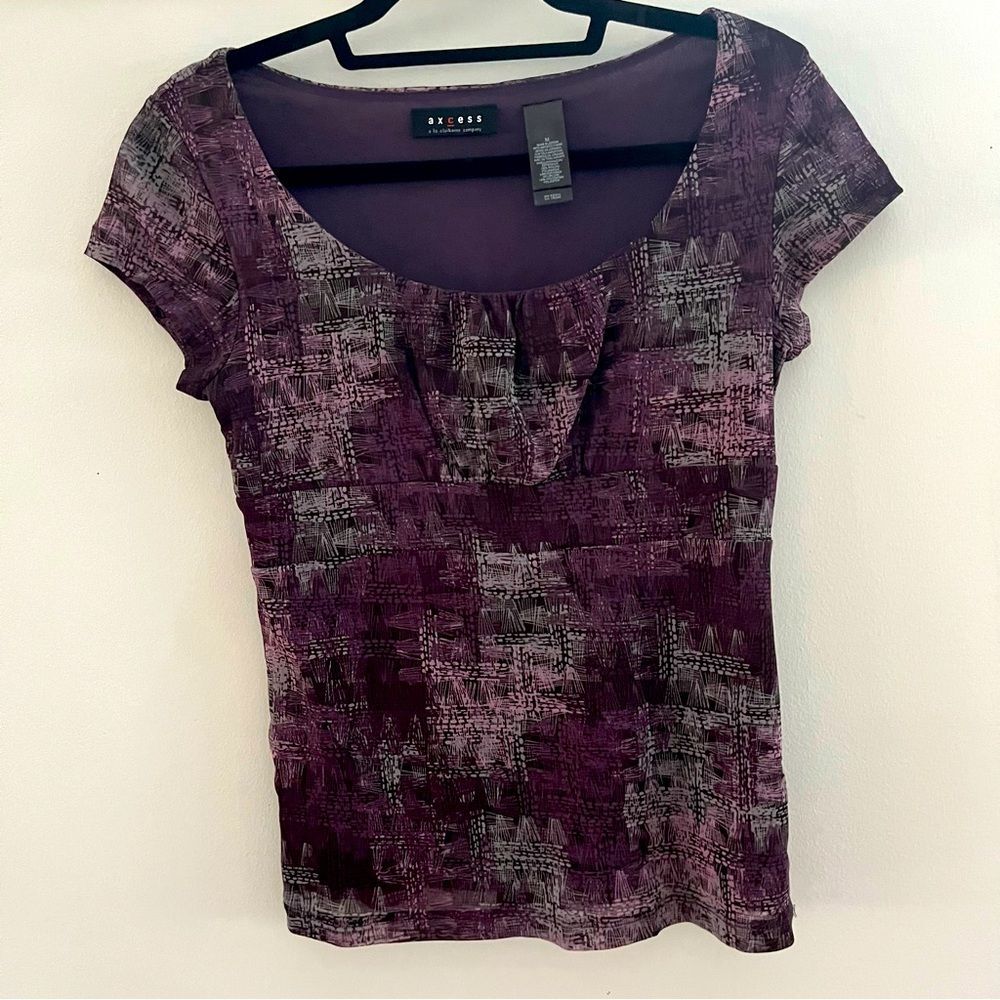 Axcess Blouse Shirt Top Women Medium Short Sleeve Nylon Mesh Gather Lined